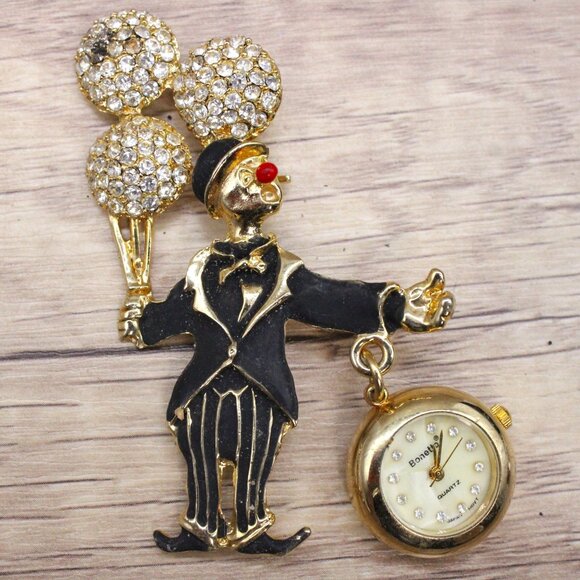 Vintage Bonetto Watch Womens Gold Tone Clown Rhinestones Brooch Style Rare 60's - Picture 1 of 7